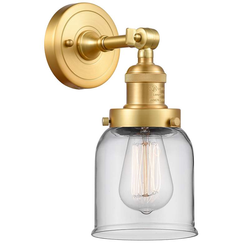 Image 1 Franklin Restoration Small Bell 5" Satin Gold Sconce w/ Clear Shade