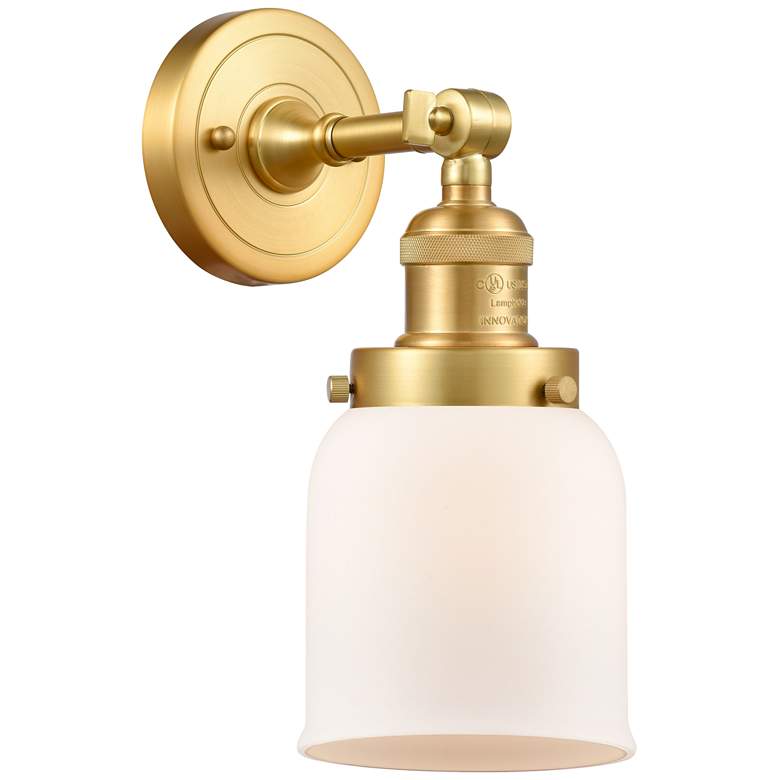 Image 1 Franklin Restoration Small Bell 5" Satin Gold Sconce w/ Matte White Sh