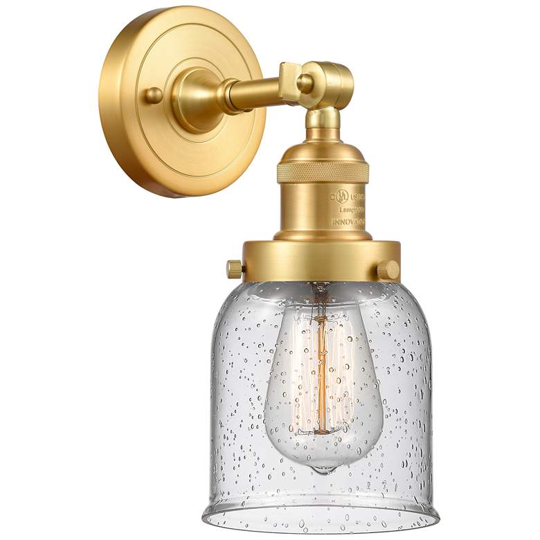 Image 1 Franklin Restoration Small Bell 5" Satin Gold Sconce w/ Seedy Shade