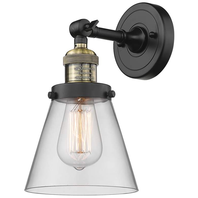 Image 1 Franklin Restoration Small Cone 6" Black Brass Sconce w/ Clear Shade