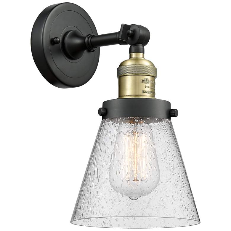 Image 1 Franklin Restoration Small Cone 6" Black Brass Sconce w/ Seedy Shade