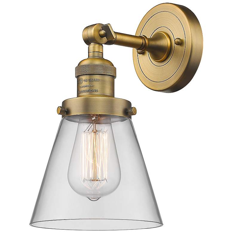 Image 1 Franklin Restoration Small Cone 6 inch Brushed Brass Sconce w/ Clear Shade