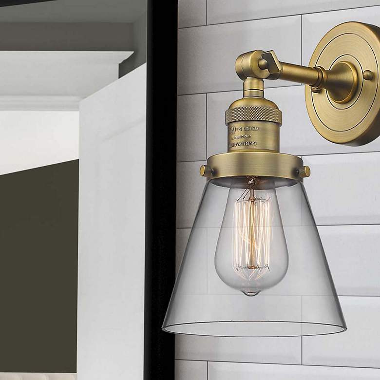 Image 1 Franklin Restoration Small Cone 6" Brushed Brass Sconce w/ Clear Shade