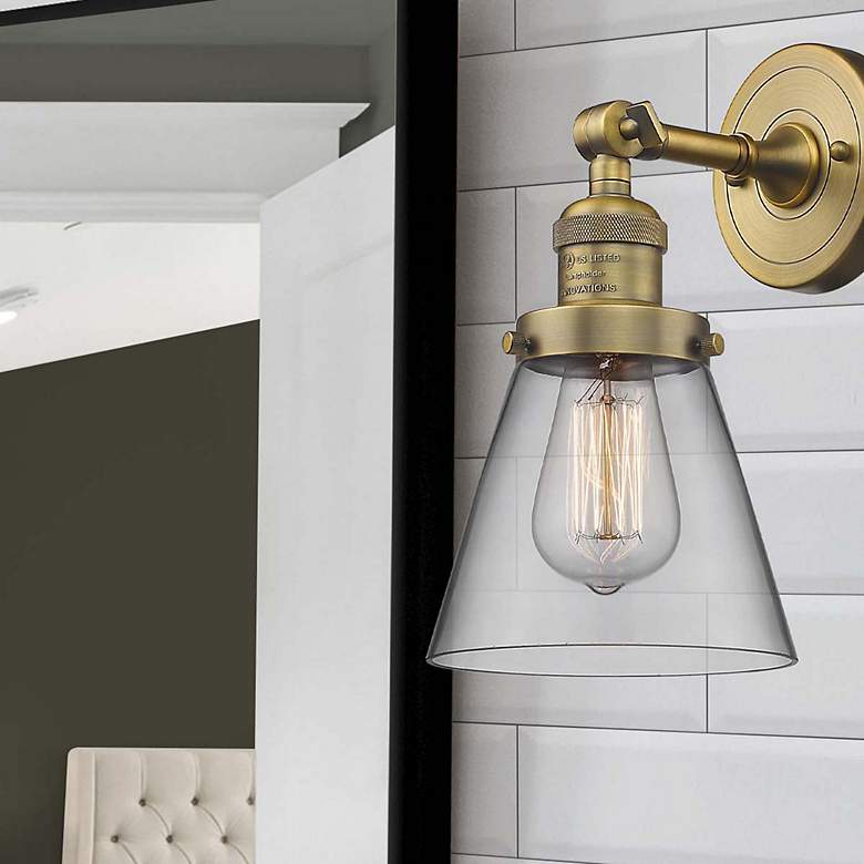 Image 7 Franklin Restoration Small Cone 6" Brushed Brass Sconce w/ Clear Shade more views