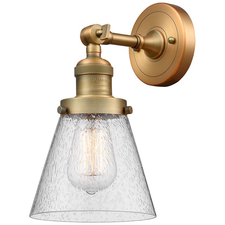 Image 1 Franklin Restoration Small Cone 6" Brushed Brass Sconce w/ Seedy Shade