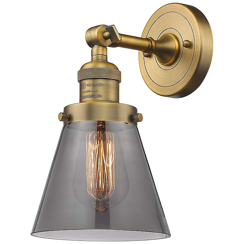 Image 1 Franklin Restoration Small Cone 6" Brushed Brass Sconce w/ Smoke Shade