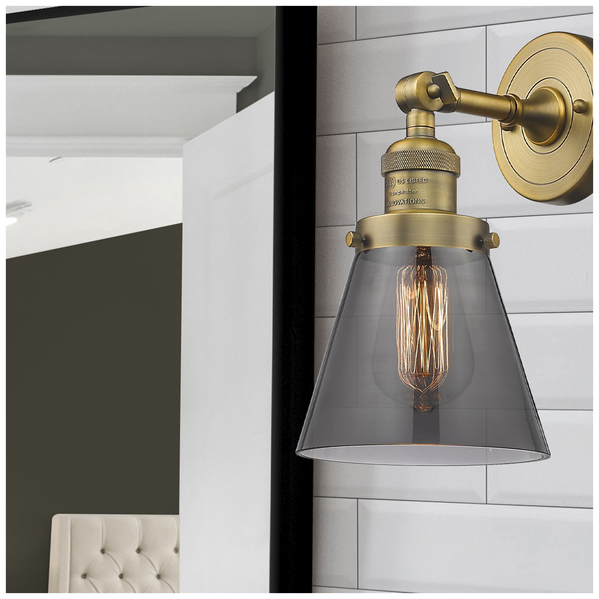 Image 4 Franklin Restoration Small Cone 6" Brushed Brass Sconce w/ Smoke Shade more views