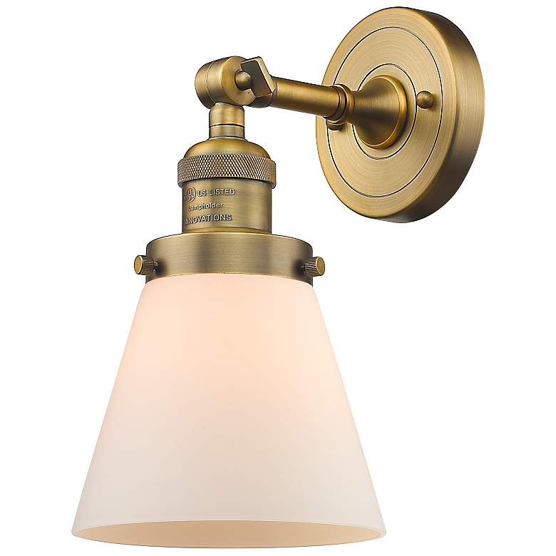 Image 1 Franklin Restoration Small Cone 6" Brushed Brass Sconce w/ White Shade