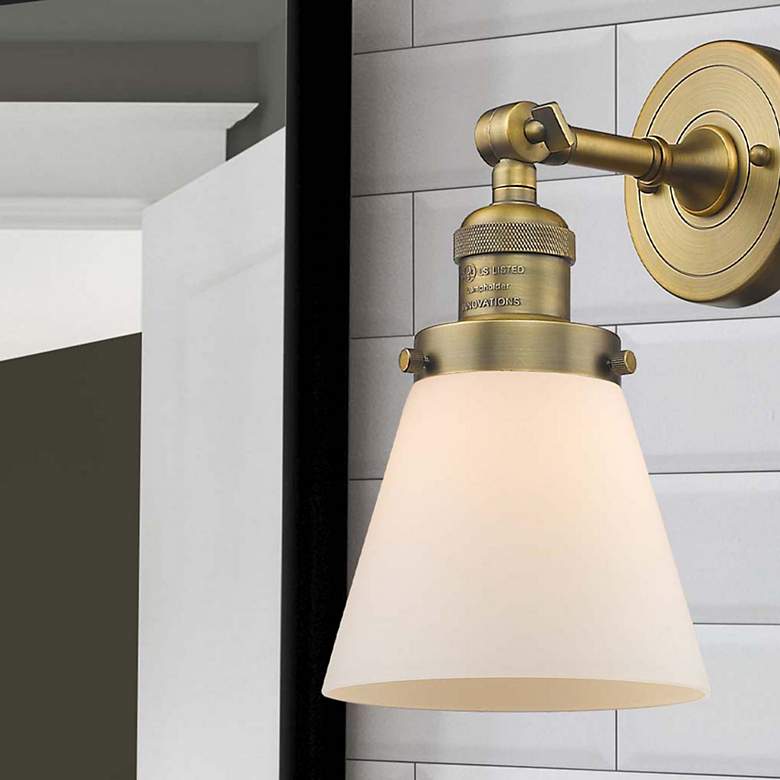 Image 1 Franklin Restoration Small Cone 6" Brushed Brass Sconce w/ White Shade