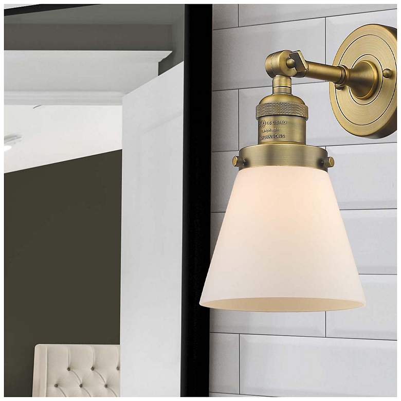 Image 7 Franklin Restoration Small Cone 6" Brushed Brass Sconce w/ White Shade more views