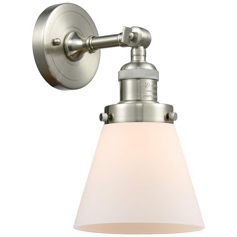 Image 1 Franklin Restoration Small Cone 6 inch Brushed Nickel Sconce w/ White Shad