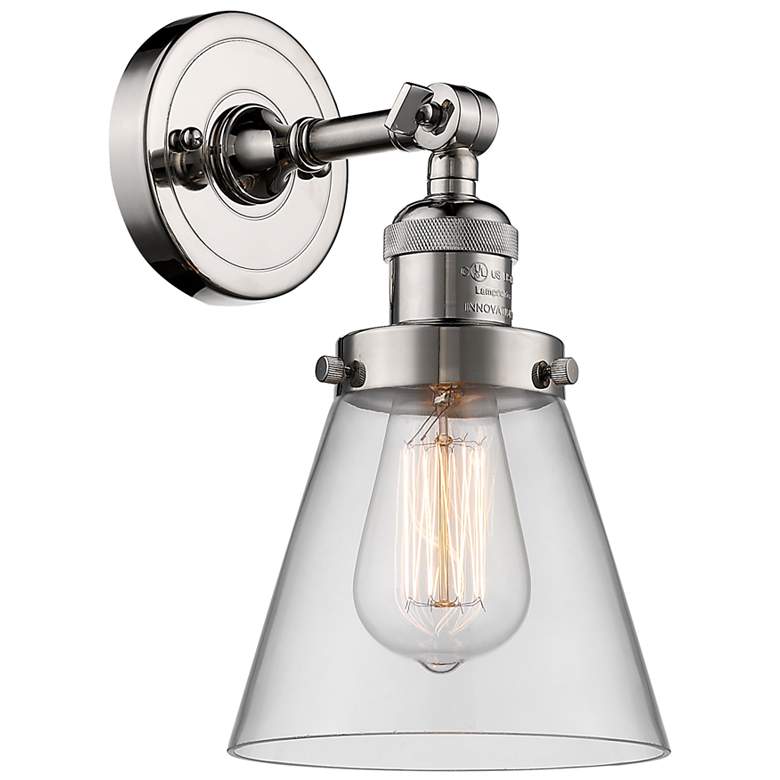 Image 1 Franklin Restoration Small Cone 6" Polished Nickel Sconce w/ Clear Sha