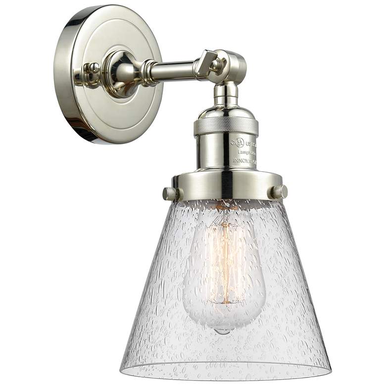 Image 1 Franklin Restoration Small Cone 6" Polished Nickel Sconce w/ Seedy Sha