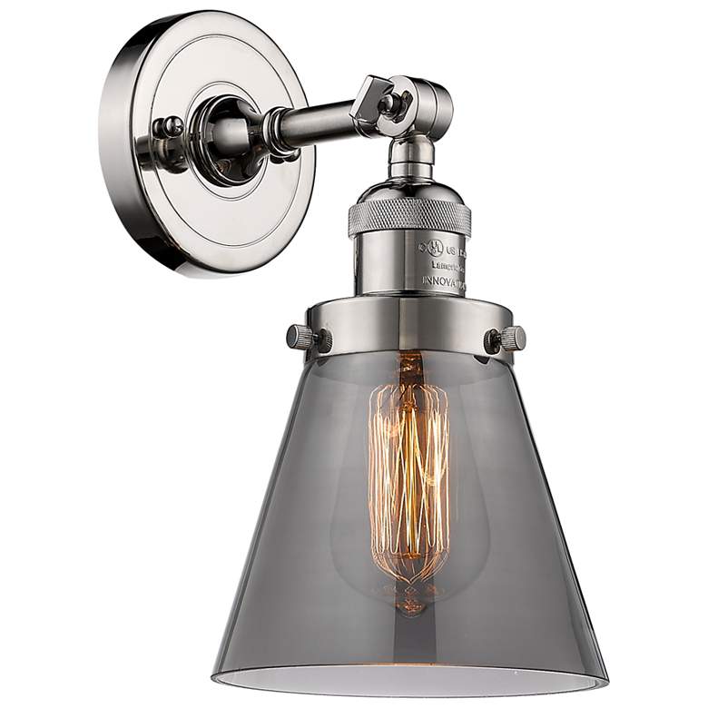 Image 1 Franklin Restoration Small Cone 6" Polished Nickel Sconce w/ Smoke Sha