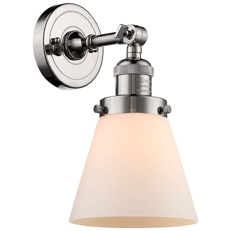 Image 1 Franklin Restoration Small Cone 6" Polished Nickel Sconce w/ White Sha