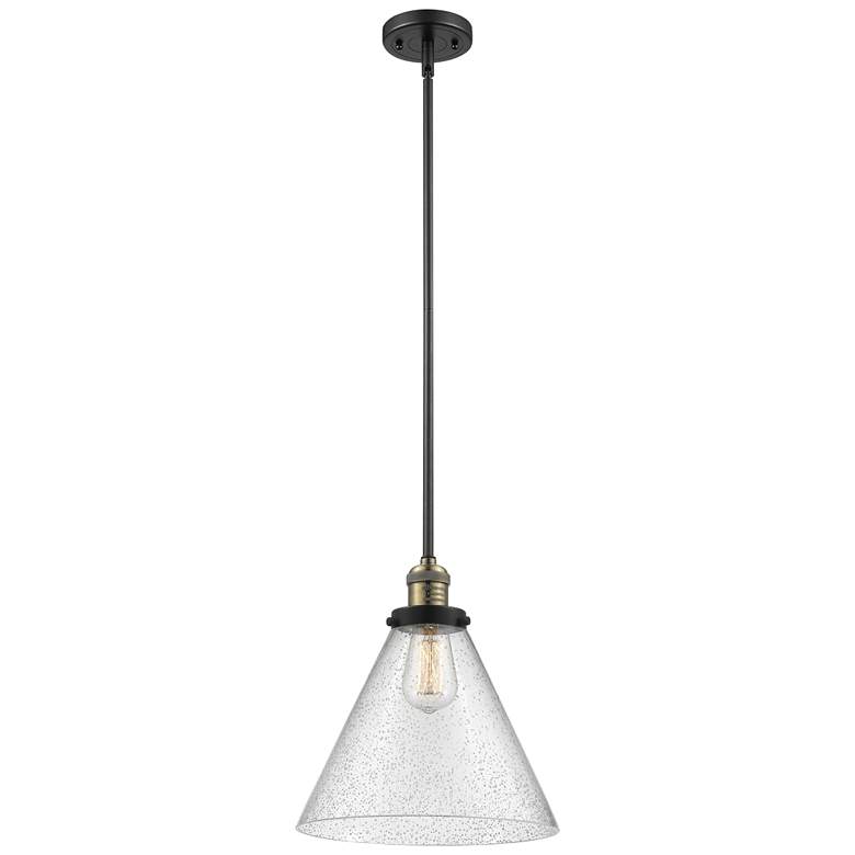 Image 1 Franklin X-Large Cone 12" Black Brass Mini Pendant w/ Seedy Shade