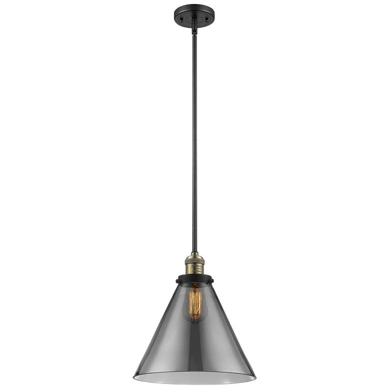 Image 1 Franklin X-Large Cone 12" Black Brass Mini Pendant w/ Smoke Shade