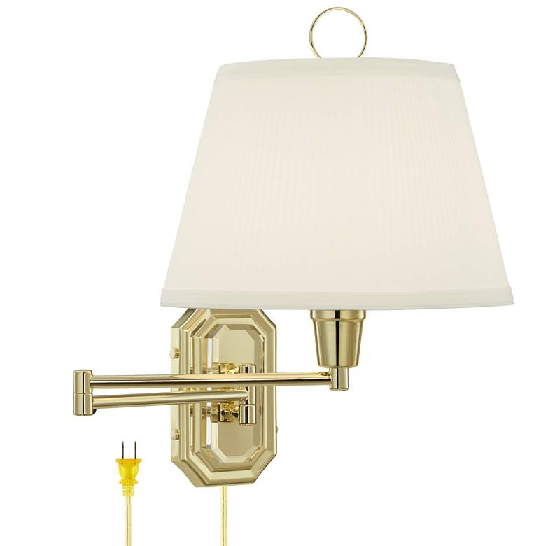 Image 2 Fredericks Brass with Ivory Pleated Shade Plug-In Wall Lamp