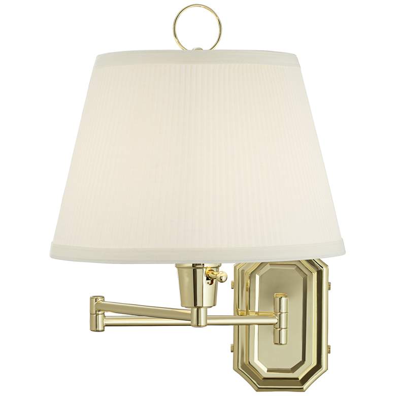 Image 7 Fredericks Brass with Ivory Pleated Shade Plug-In Wall Lamp more views