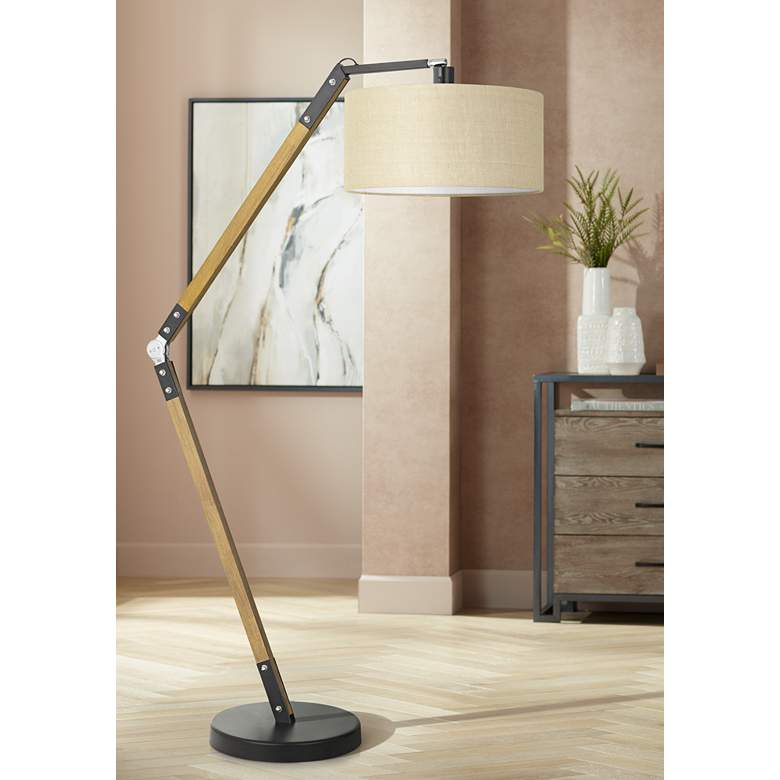 Image 1 Freeport Matte Black and Wood Arc Floor Lamp