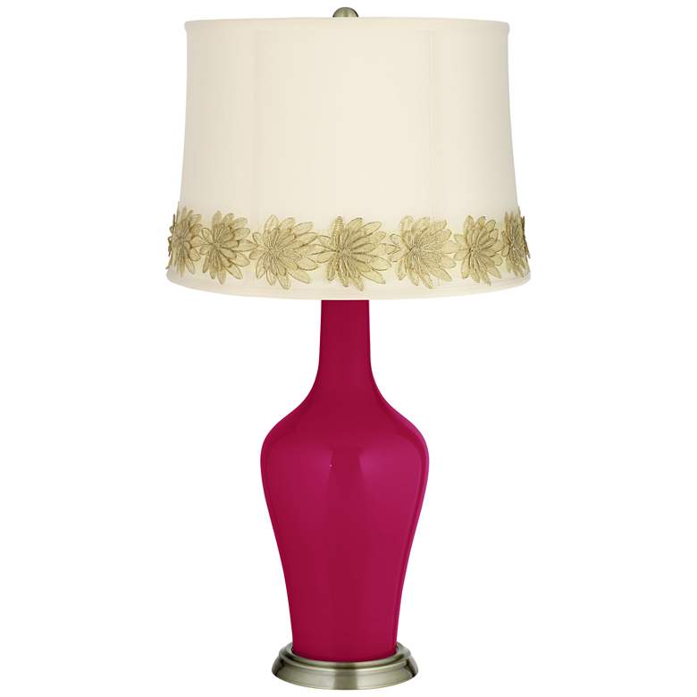 Image 1 French Burgundy Anya Table Lamp with Flower Applique Trim