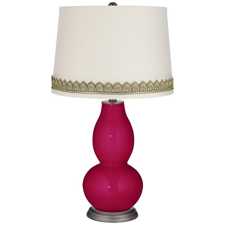 Image 1 French Burgundy Double Gourd Table Lamp with Scallop Lace Trim