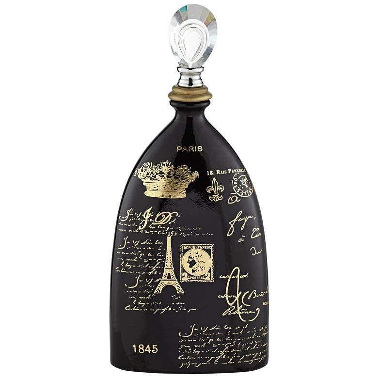 Image 1 French Script 18 3/4 inch High Decorative Black Ceramic Bottle