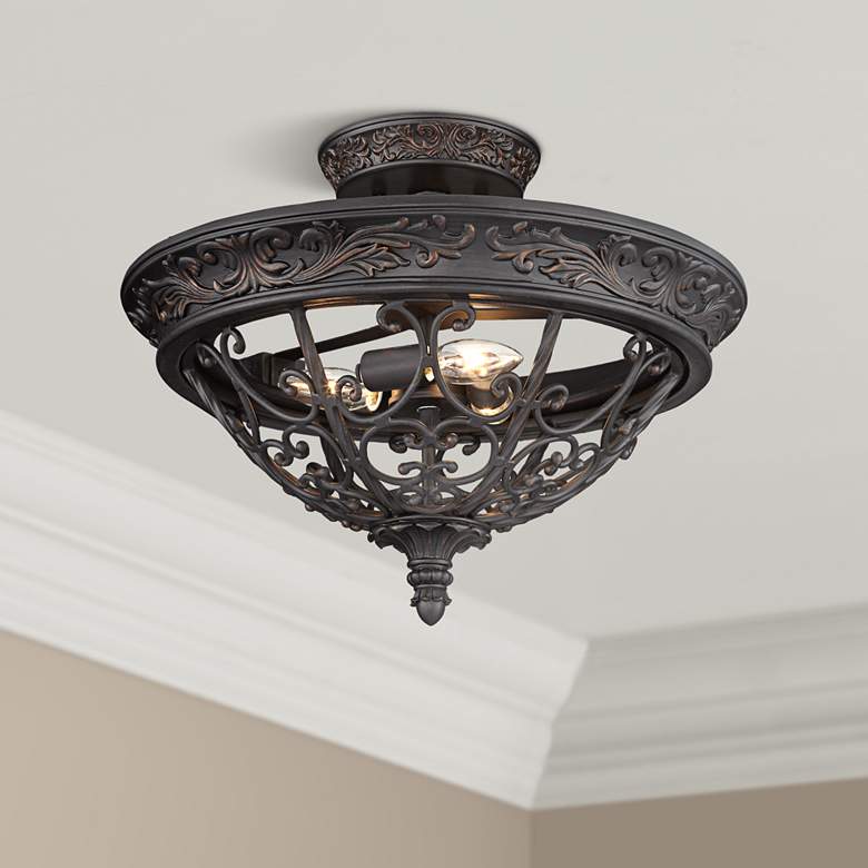 Image 1 French Scroll 16 1/2 inch Rubbed Bronze Finish Traditional Ceiling Light