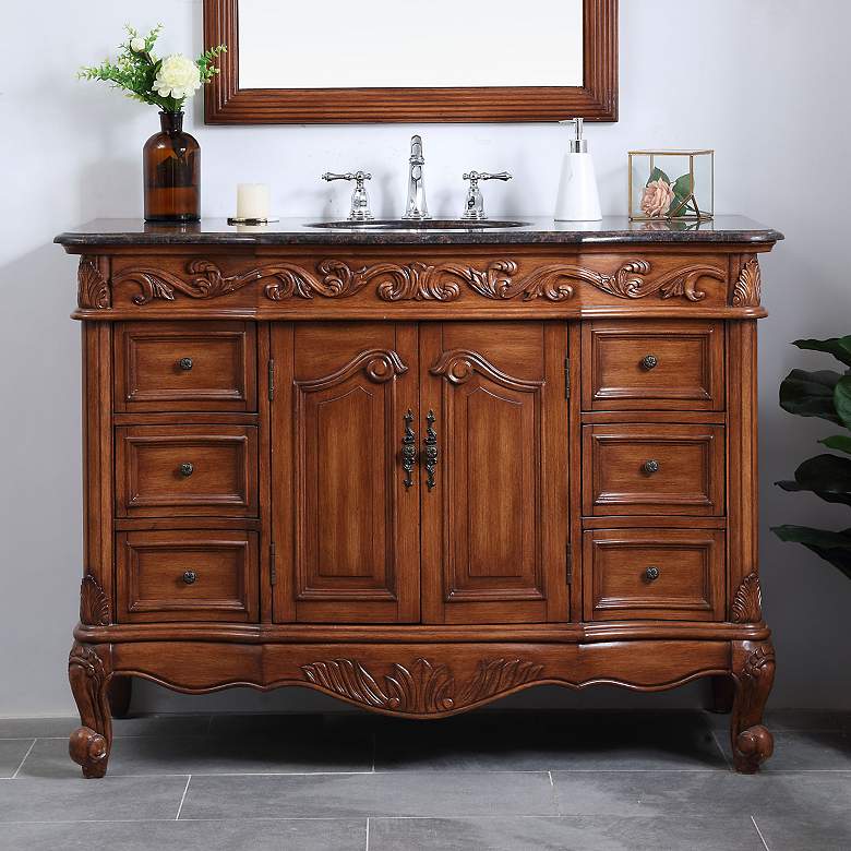Image 1 French Scroll 48" Wide Teak Wood 2-Door Single Sink Vanity