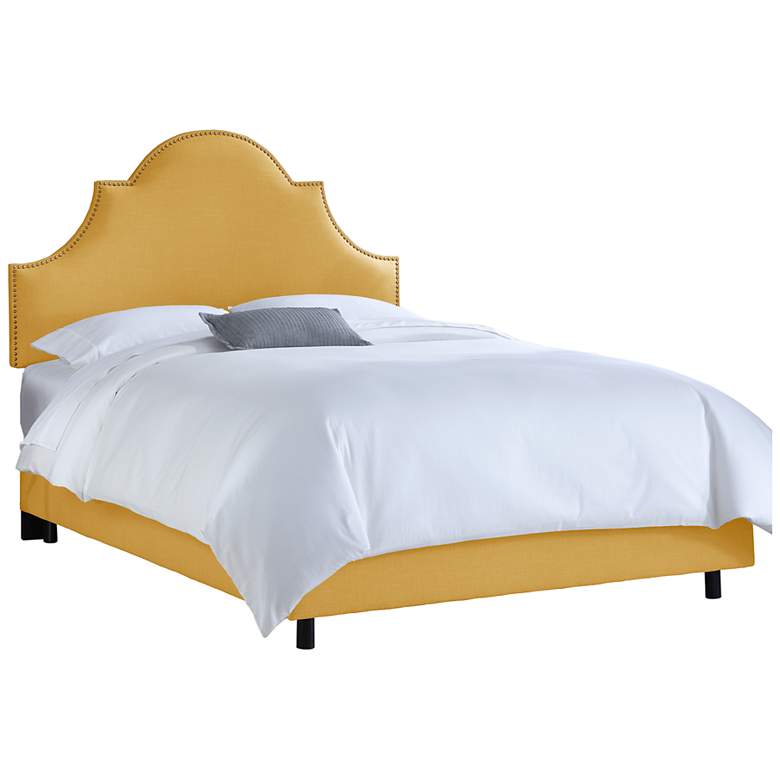 Image 1 French Yellow Linen Queen Nailhead High Arch Notched Bed