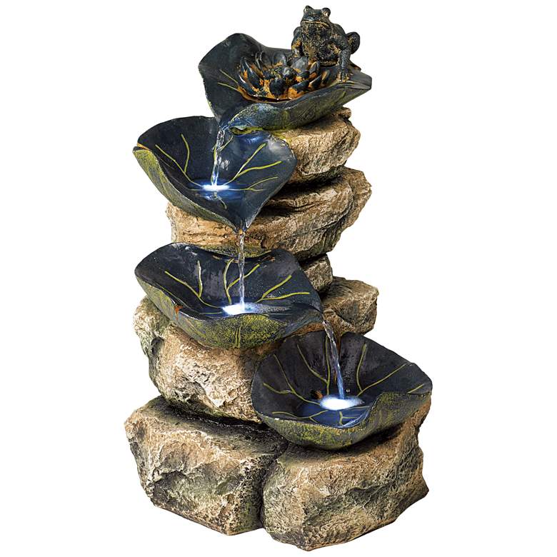 Image 5 Frog and Four Lily Pad LED Lighted 21 inch High Outdoor Fountain more views