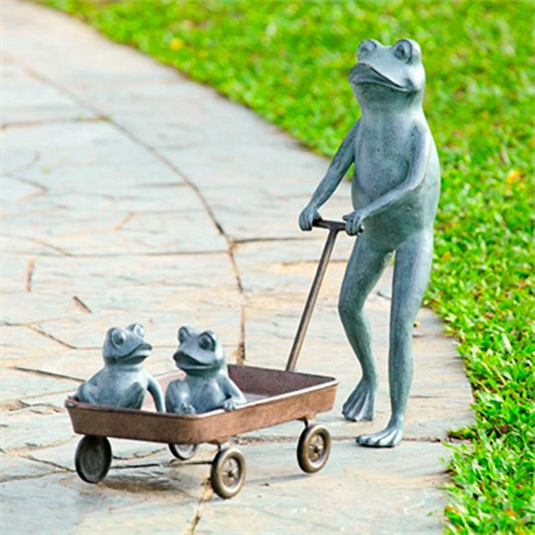Image 1 Frog Family with Wagon Planter 23 1/2" High Outdoor Statue