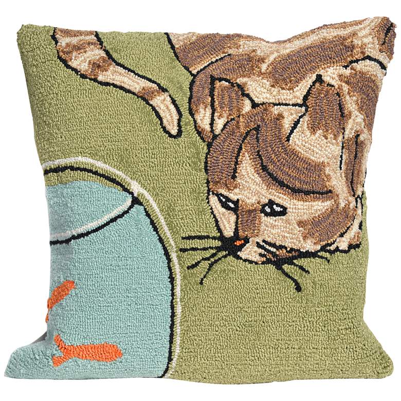 Image 1 Frontporch Curious Cat Green 18 inch Indoor-Outdoor Pillow