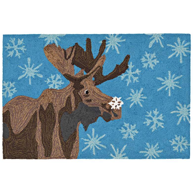 Image 1 Frontporch Moose and Snowflake 186003 2&#39;6 inchx4&#39; Blue Outdoor Rug