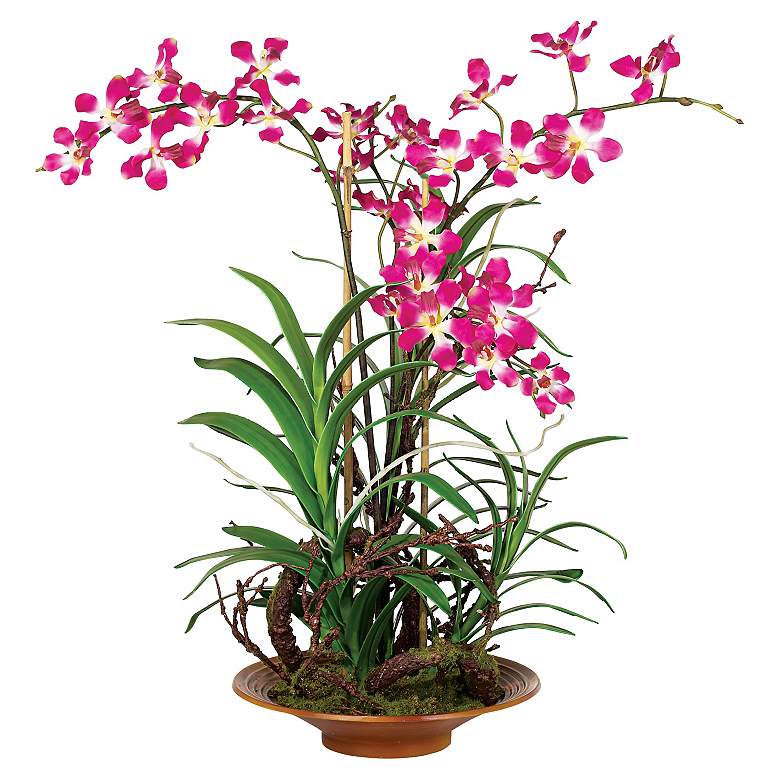 Image 1 Fuchsia and Yellow Orchids in Brown Pot Faux Flowers