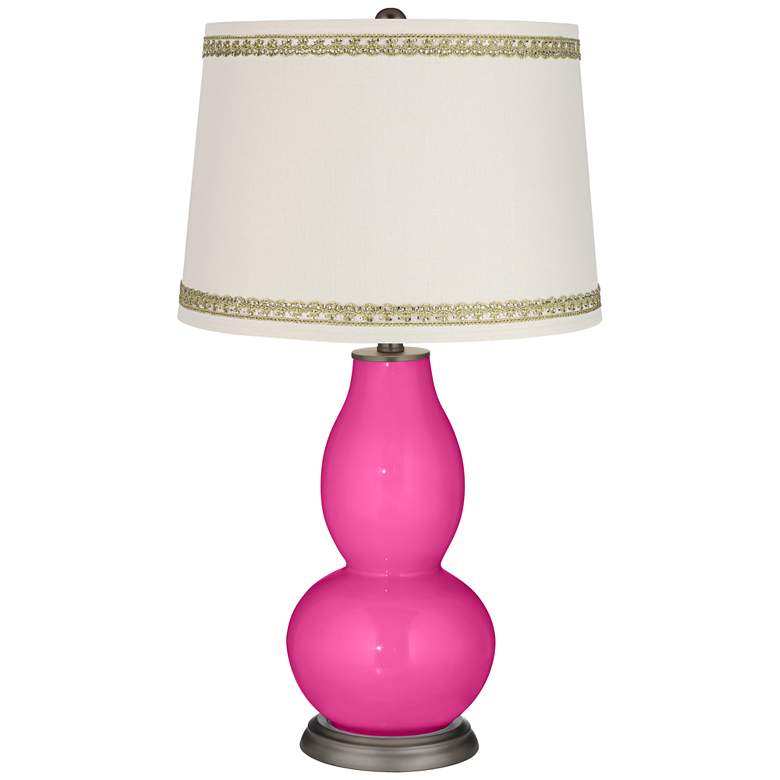 Image 1 Fuchsia Double Gourd Table Lamp with Rhinestone Lace Trim
