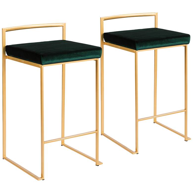 Image 2 Fuji 27 inch Gold and Green Velvet Modern Counter Stools Set of 2