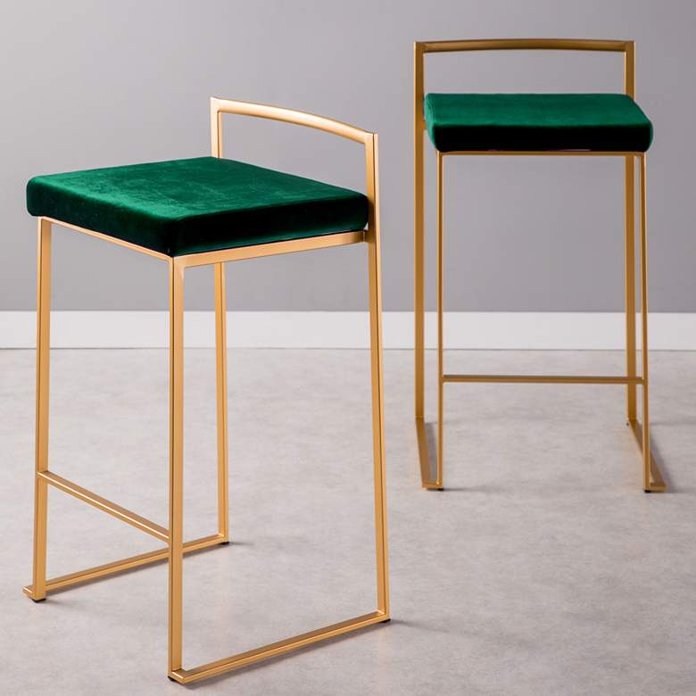 Image 1 Fuji 27 inch Gold and Green Velvet Modern Counter Stools Set of 2