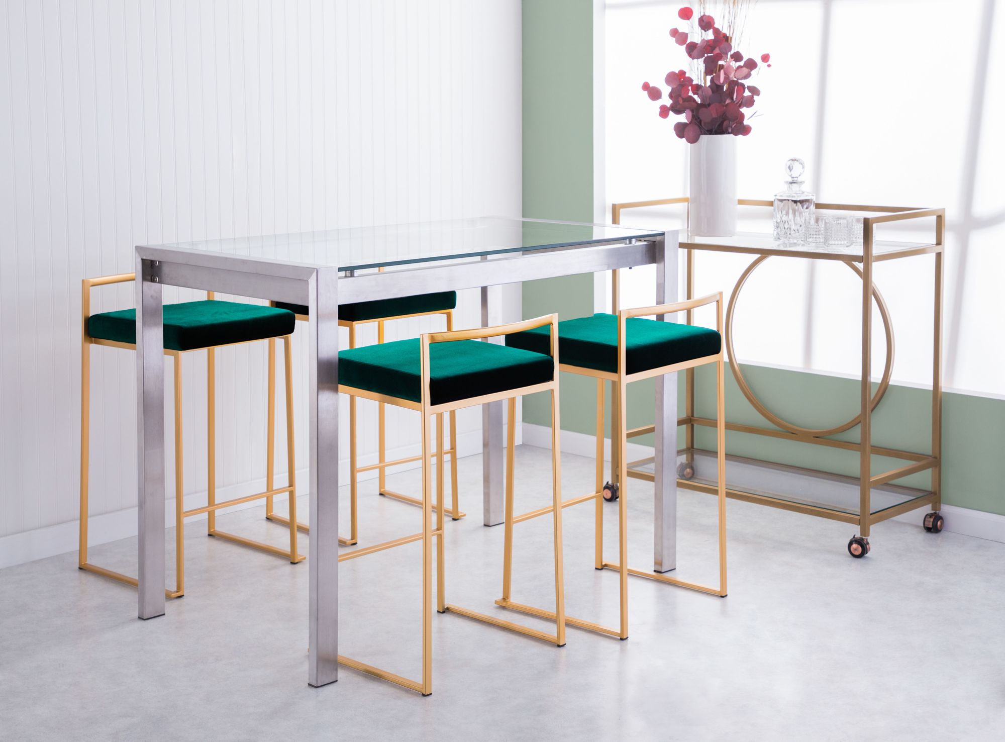 Fuji 27" Gold and Green Velvet Modern Counter Stools Set of 2