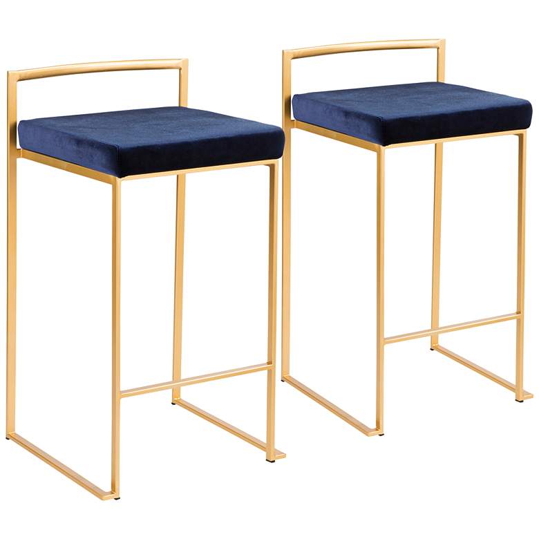Fuji 27&quot; Stackable Blue Velvet and Gold Counter Stools - Set of 2