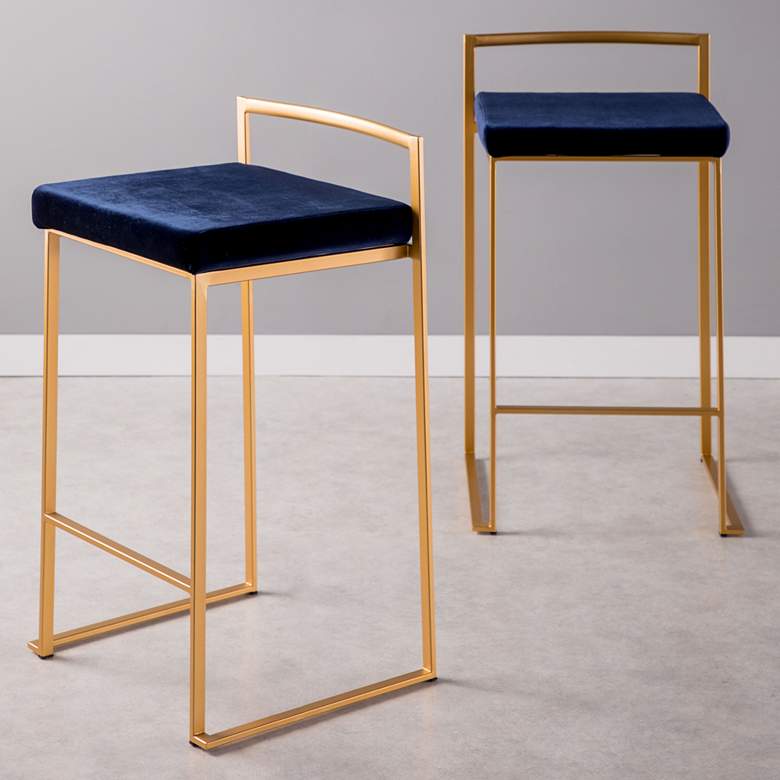 Image 1 Fuji 27 inch Stackable Blue Velvet and Gold Counter Stools - Set of 2