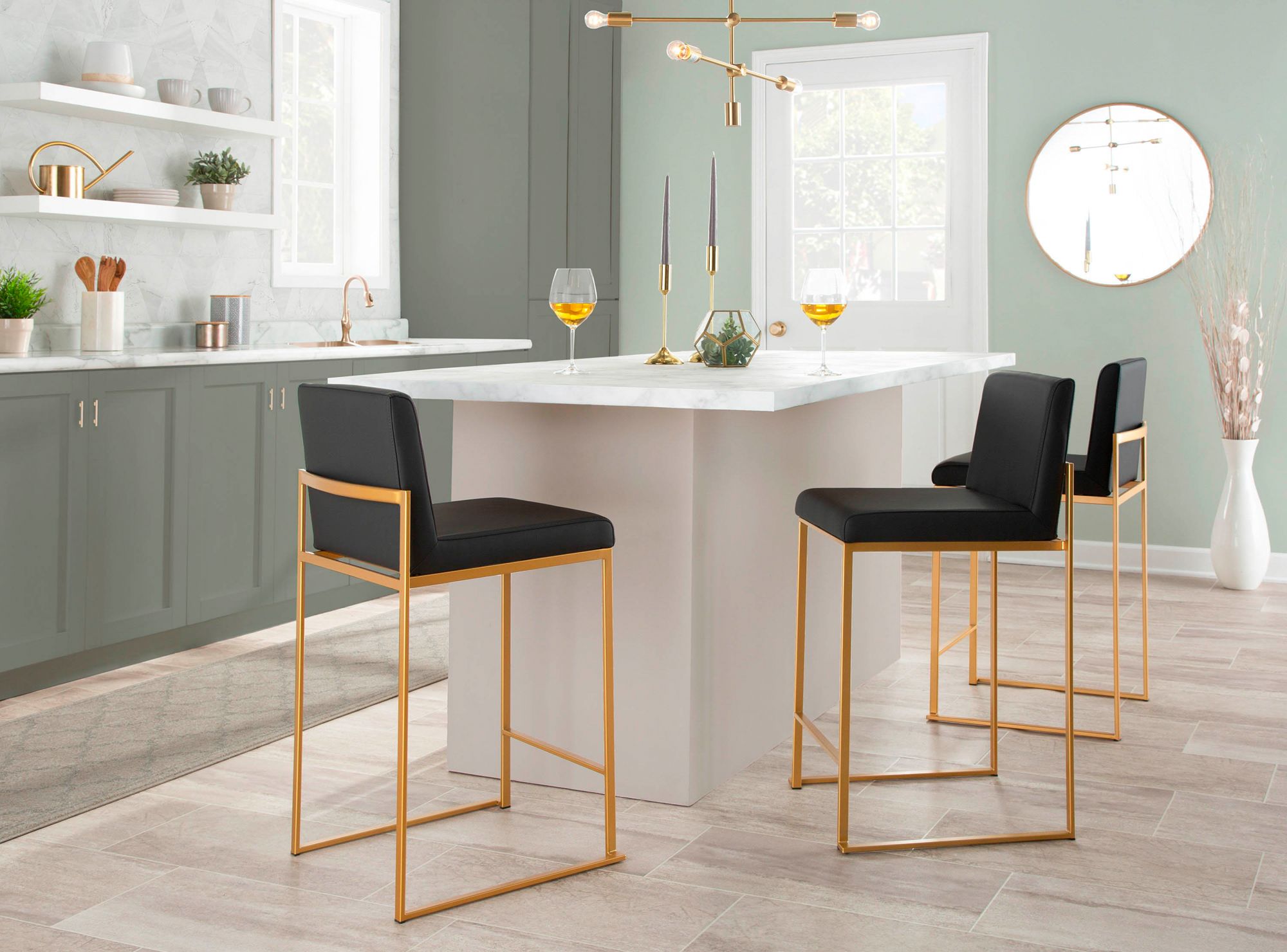 Fuji High Back Counter Stool in Gold Steel and Black PU by LumiSource Pair