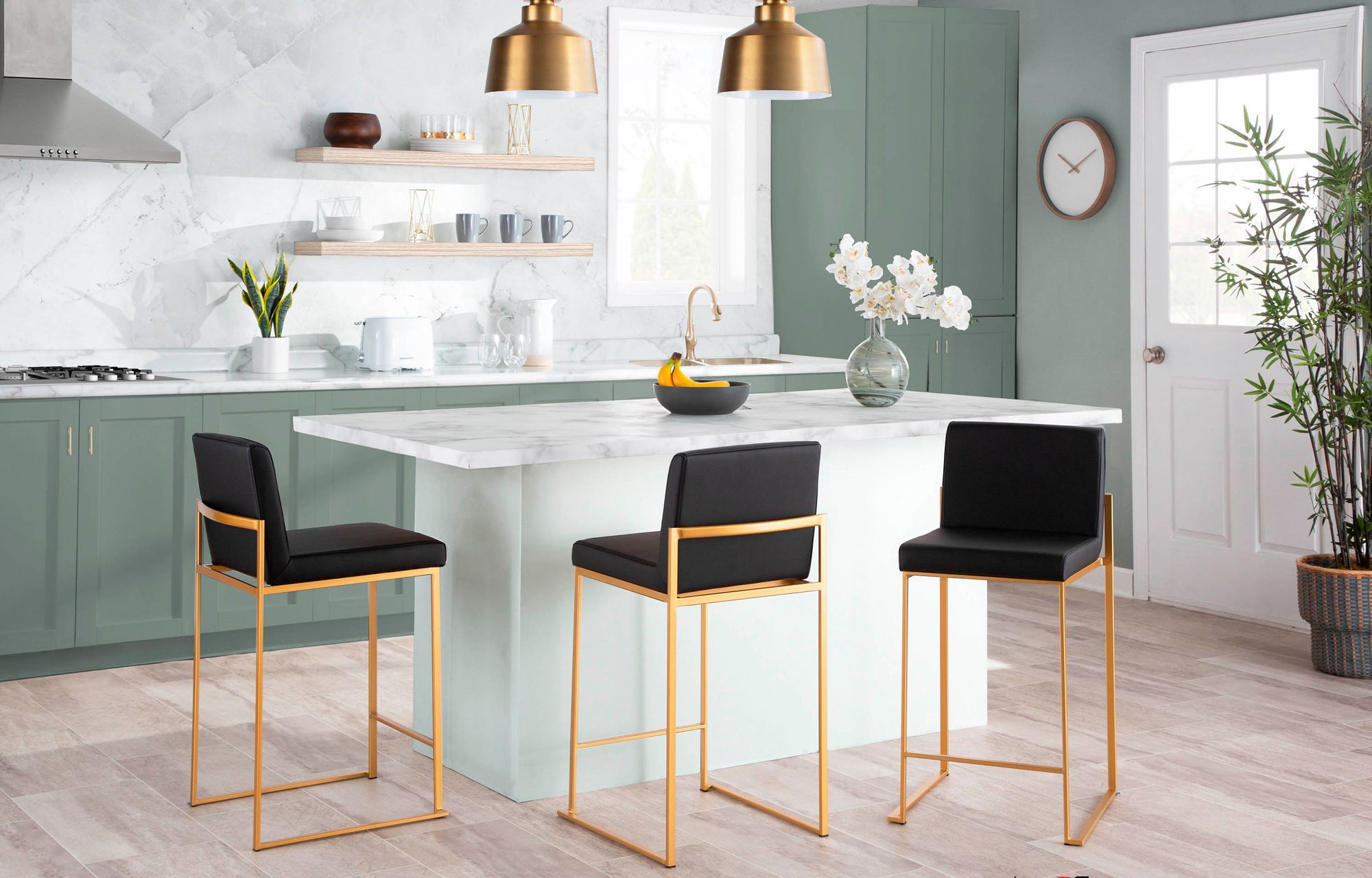 Fuji High Back Counter Stool in Gold Steel and Black PU by LumiSource Pair