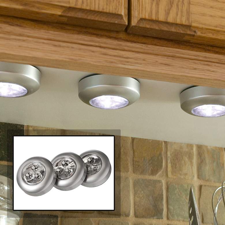 Image 1 Fulcrum Set of 3 Puck LED Silver Stick-On Cordless Lights