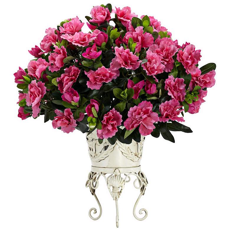 Image 1 Full-Bloom Pink Azalea 20 inch Wide Faux Plant in a Metal Urn