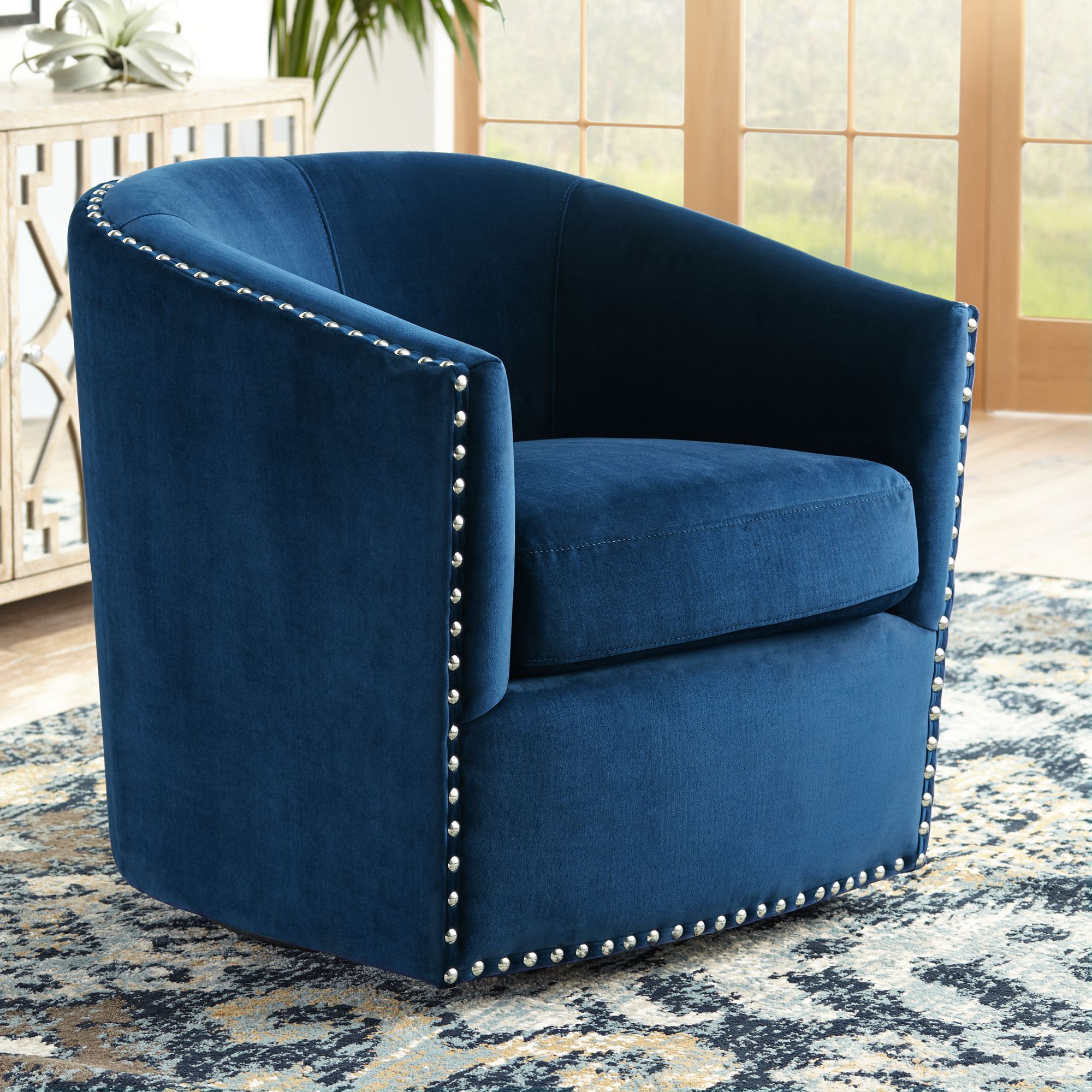 Fullerton Nail Head Trim Navy Blue Swivel Accent Chair 58W22