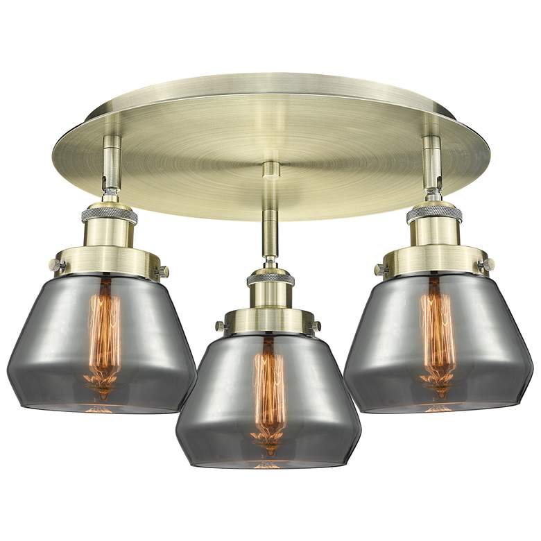 Image 1 Fulton 18.25"W 3 Light Antique Brass Flush Mount w/ Smoke Glass Shade