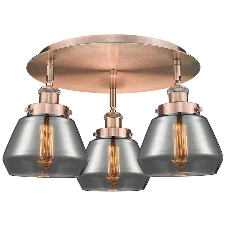Image 1 Fulton 18.25"W 3 Light Antique Copper Flush Mount w/ Smoke Glass Shade