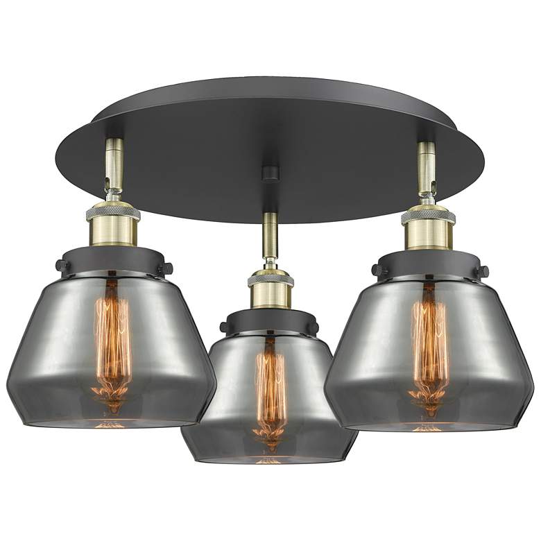 Image 1 Fulton 18.25 inchW 3 Light Black Antique Brass Flush Mount w/ Smoke Glass 