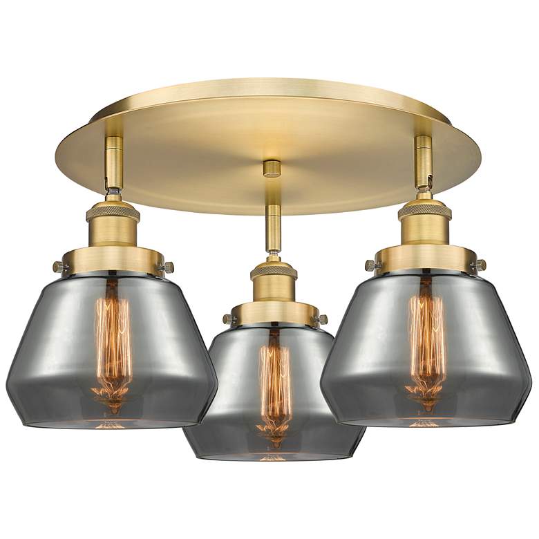 Image 1 Fulton 18.25"W 3 Light Brushed Brass Flush Mount w/ Smoke Glass Shade